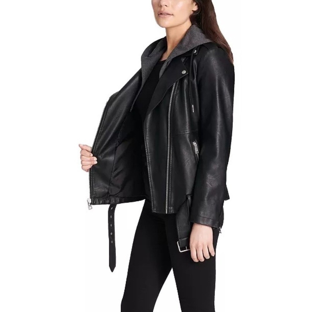 Levi Strauss & Co. Black Faux‎ Leather Moto Jacket Gray Hoodie Womens Medium NEW - Picture 7 of 16